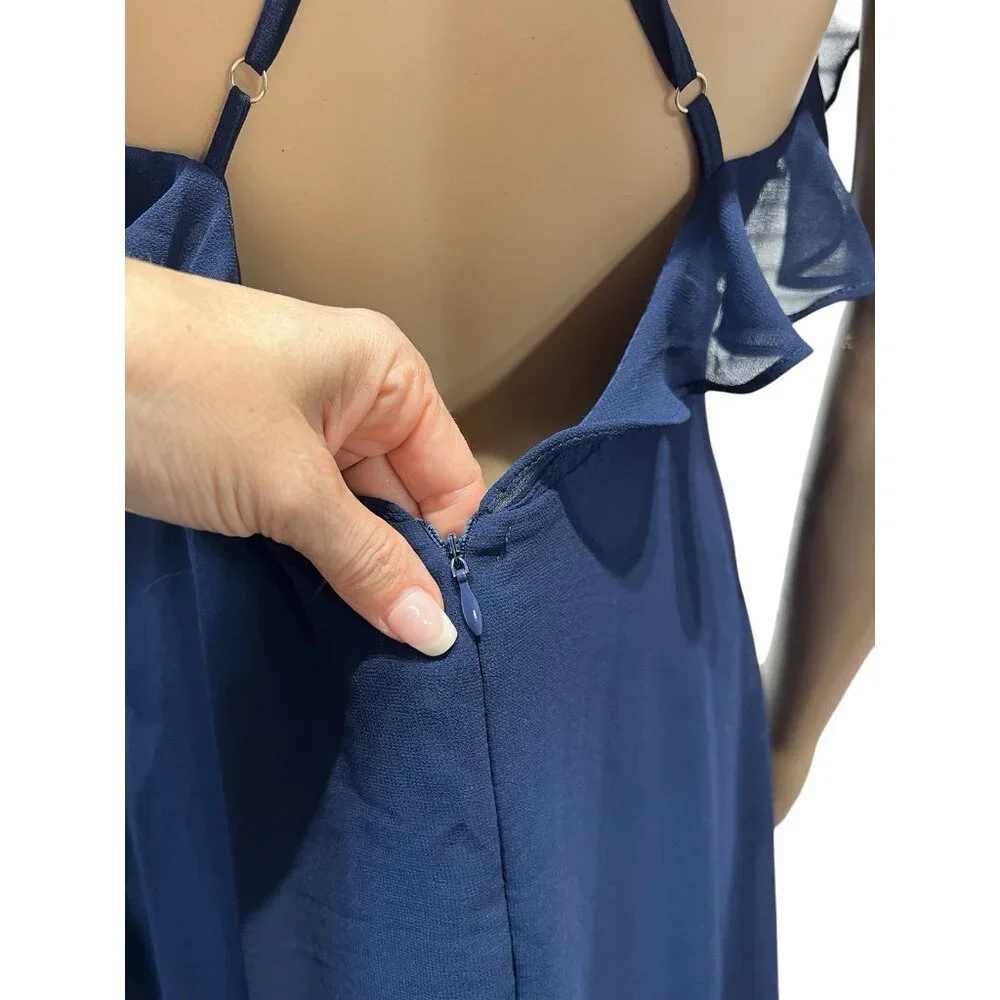 Lulus Metropolitan Navy Blue Ruffled Maxi Dress Large V Neck Sleeveless - Picture 13 of 16